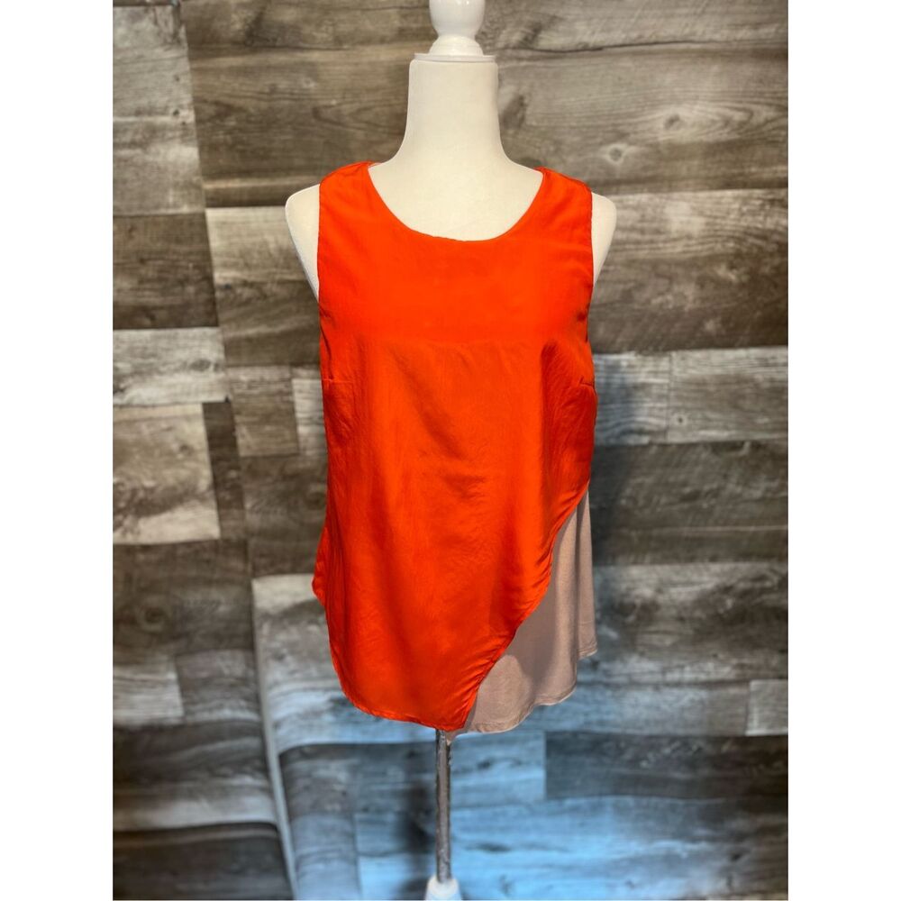 Anthropologie Bordeaux satin orange and tan asymmetric layered sleeveless tank -
